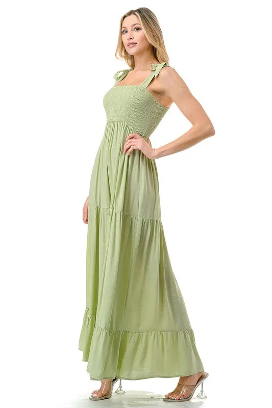 Tie Shoulder Smocked Tiered Maxi Dress