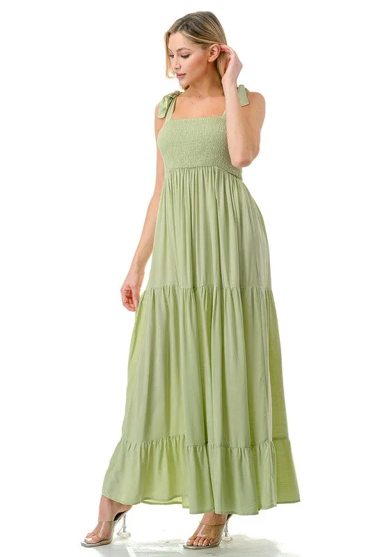 Tie Shoulder Smocked Tiered Maxi Dress