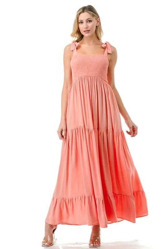 Tie Shoulder Smocked Tiered Maxi Dress