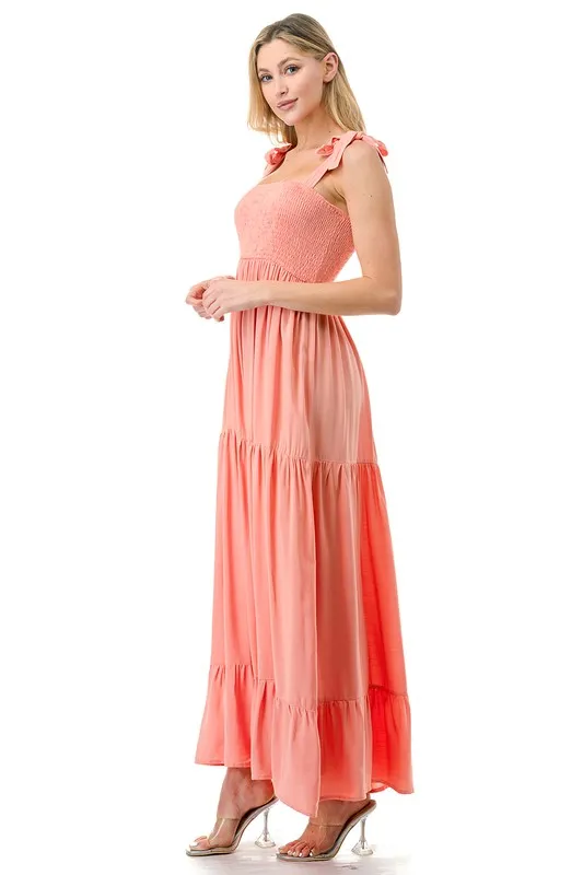 Tie Shoulder Smocked Tiered Maxi Dress