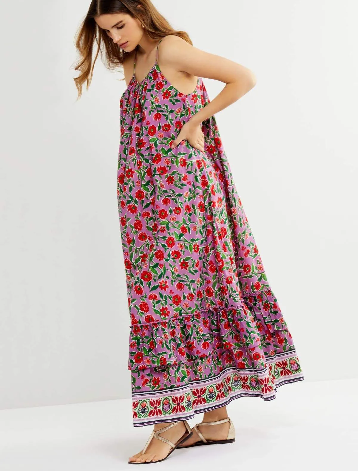 Tiered Maxi Maternity Dress in Pink Floral