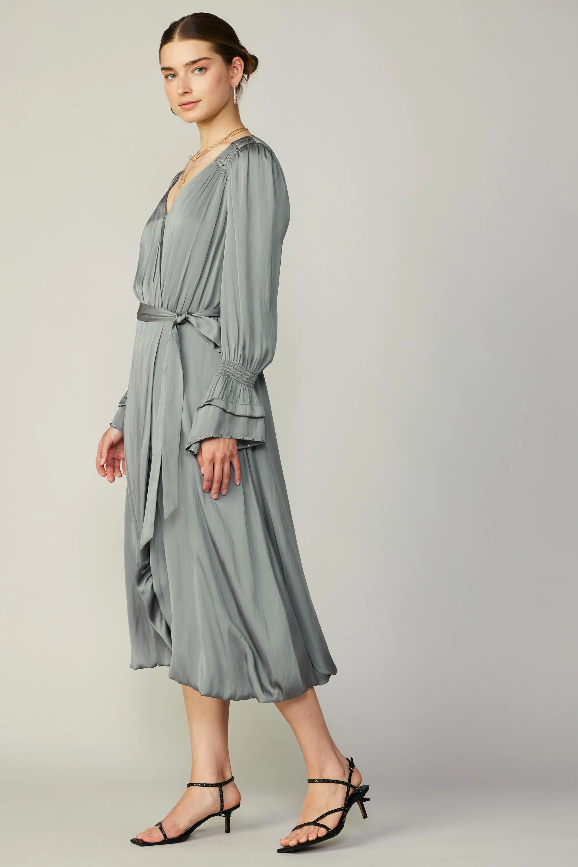 Tiered Sleeve Wrap Midi Dress