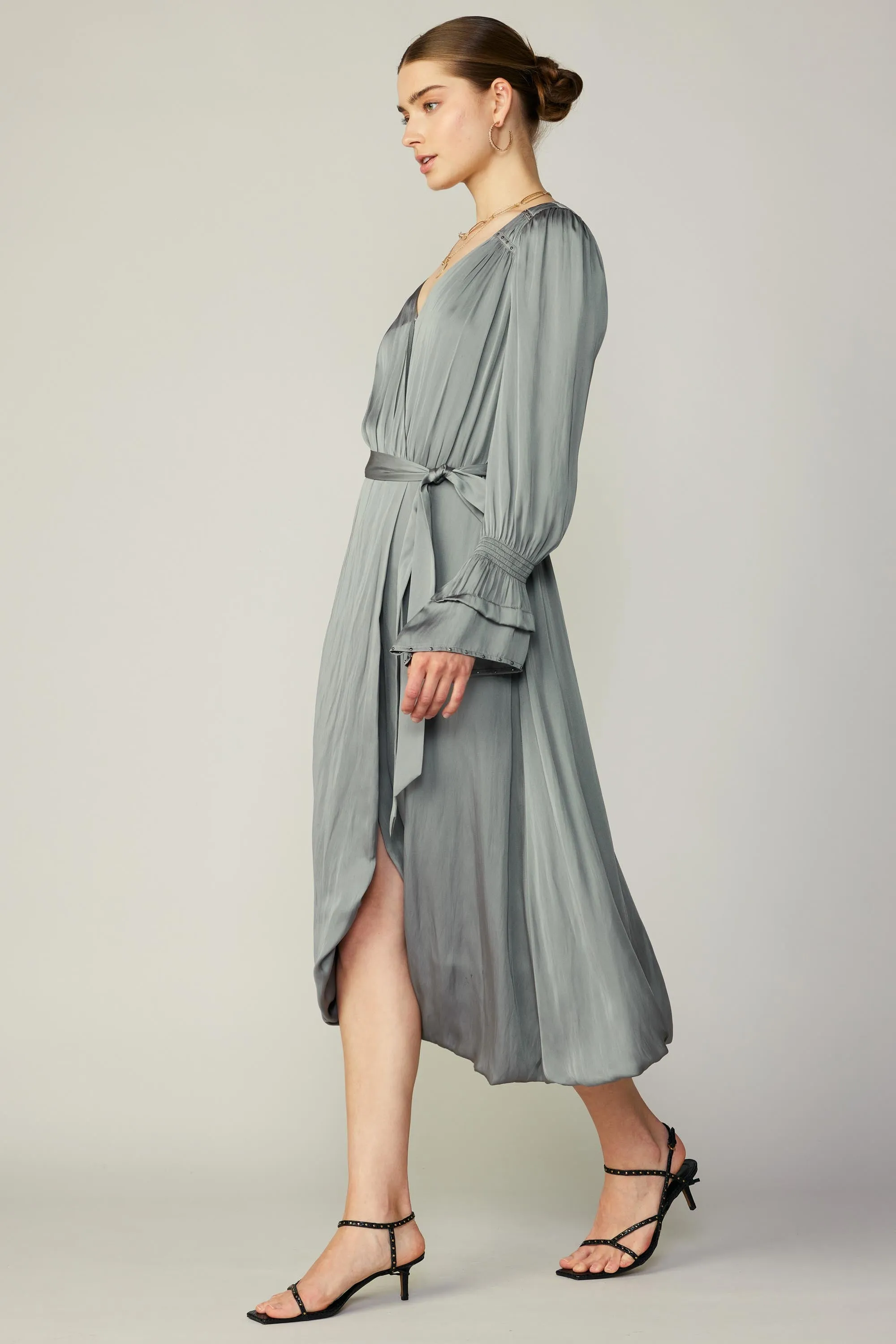 Tiered Sleeve Wrap Midi Dress