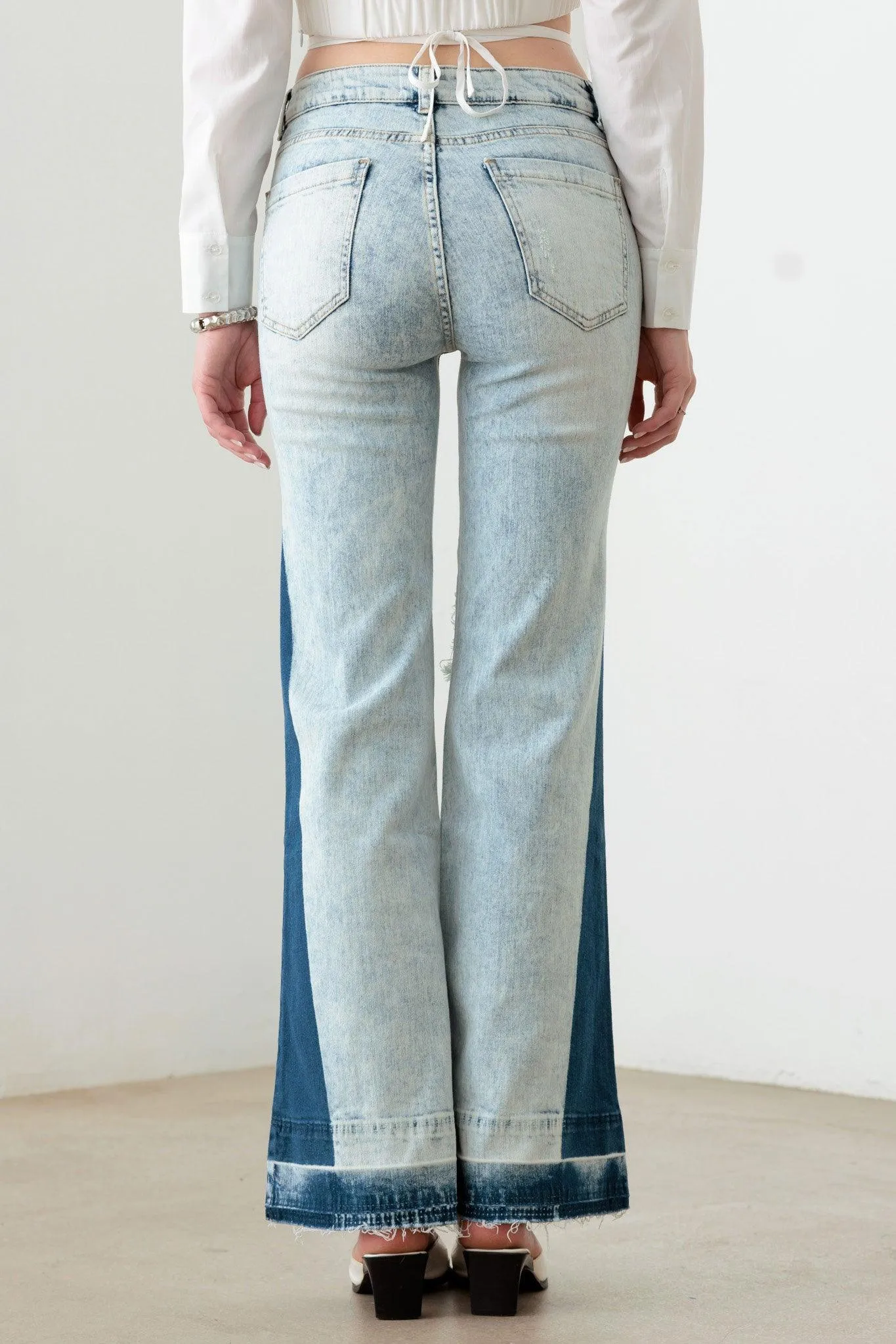 Tow Color Acid Wash Flare Denim Jeans