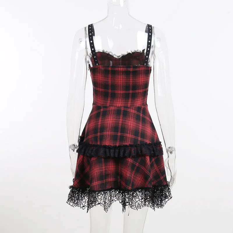 Trendy Gothic plaid sling straps off shoulder lace up pleated layered dress