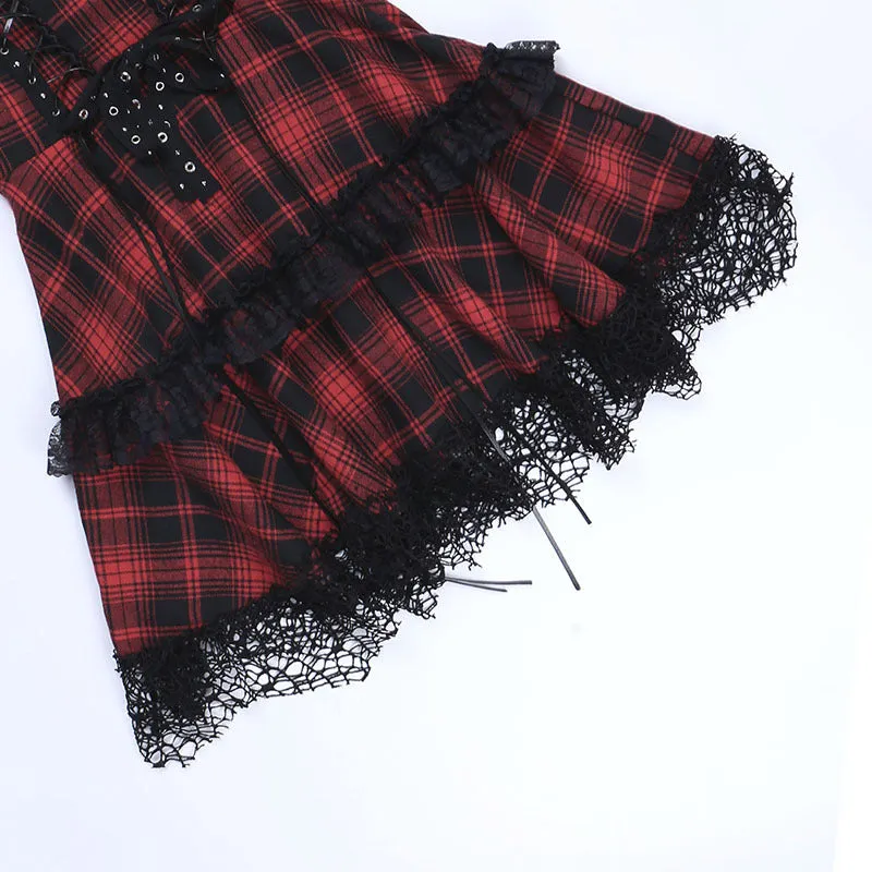 Trendy Gothic plaid sling straps off shoulder lace up pleated layered dress