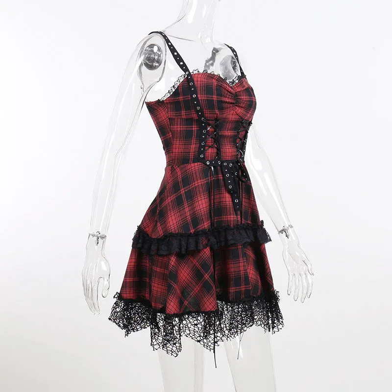 Trendy Gothic plaid sling straps off shoulder lace up pleated layered dress