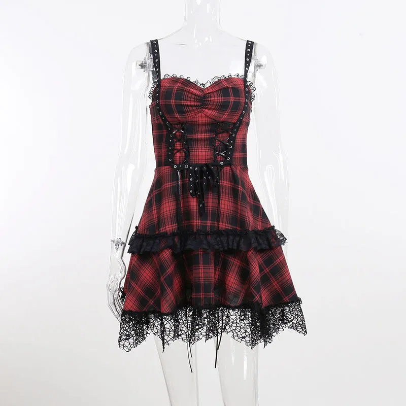 Trendy Gothic plaid sling straps off shoulder lace up pleated layered dress