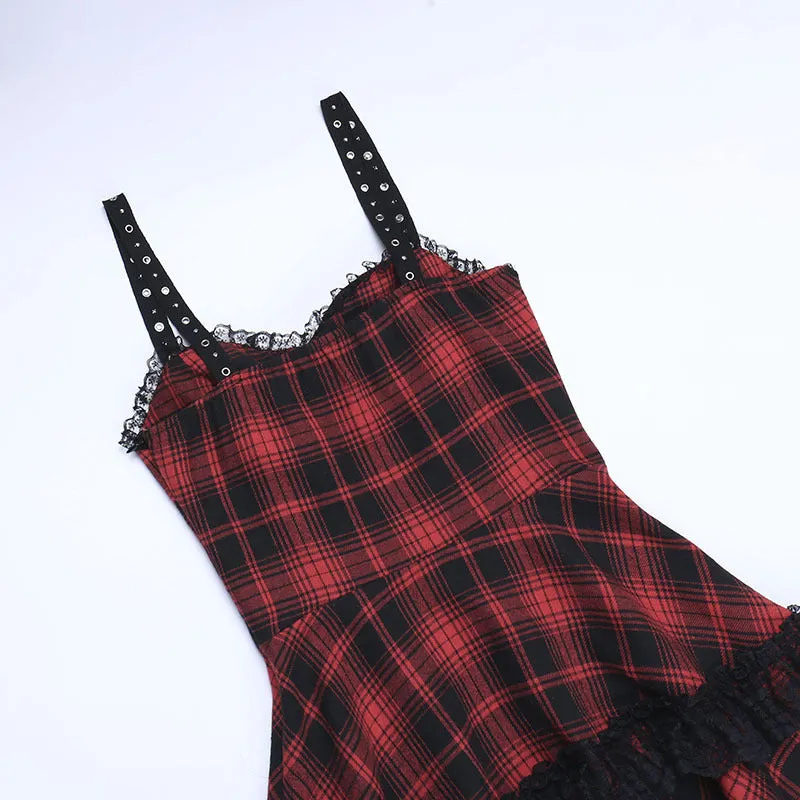 Trendy Gothic plaid sling straps off shoulder lace up pleated layered dress