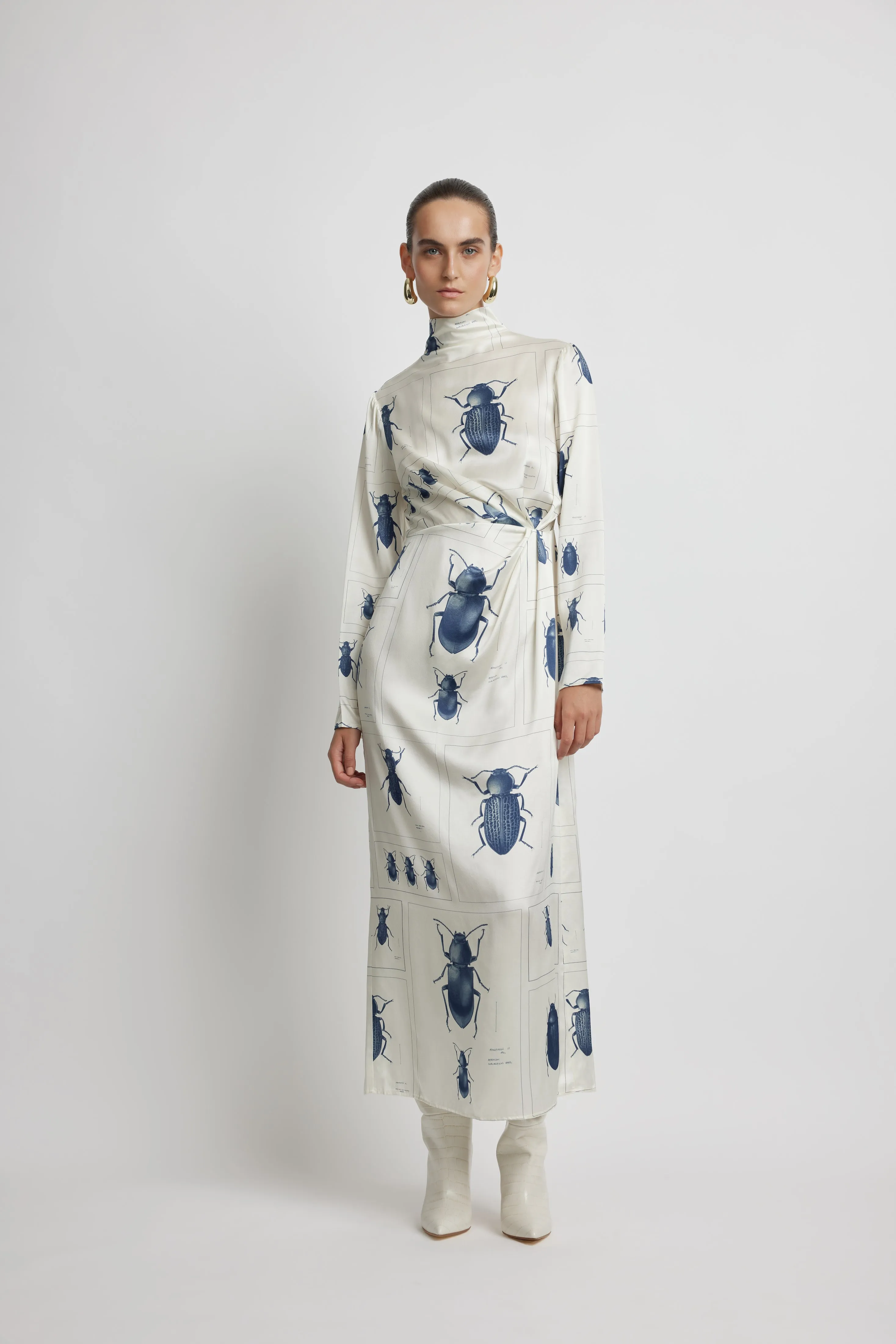 Twist Front Midi Silk Dress - Beetle Print