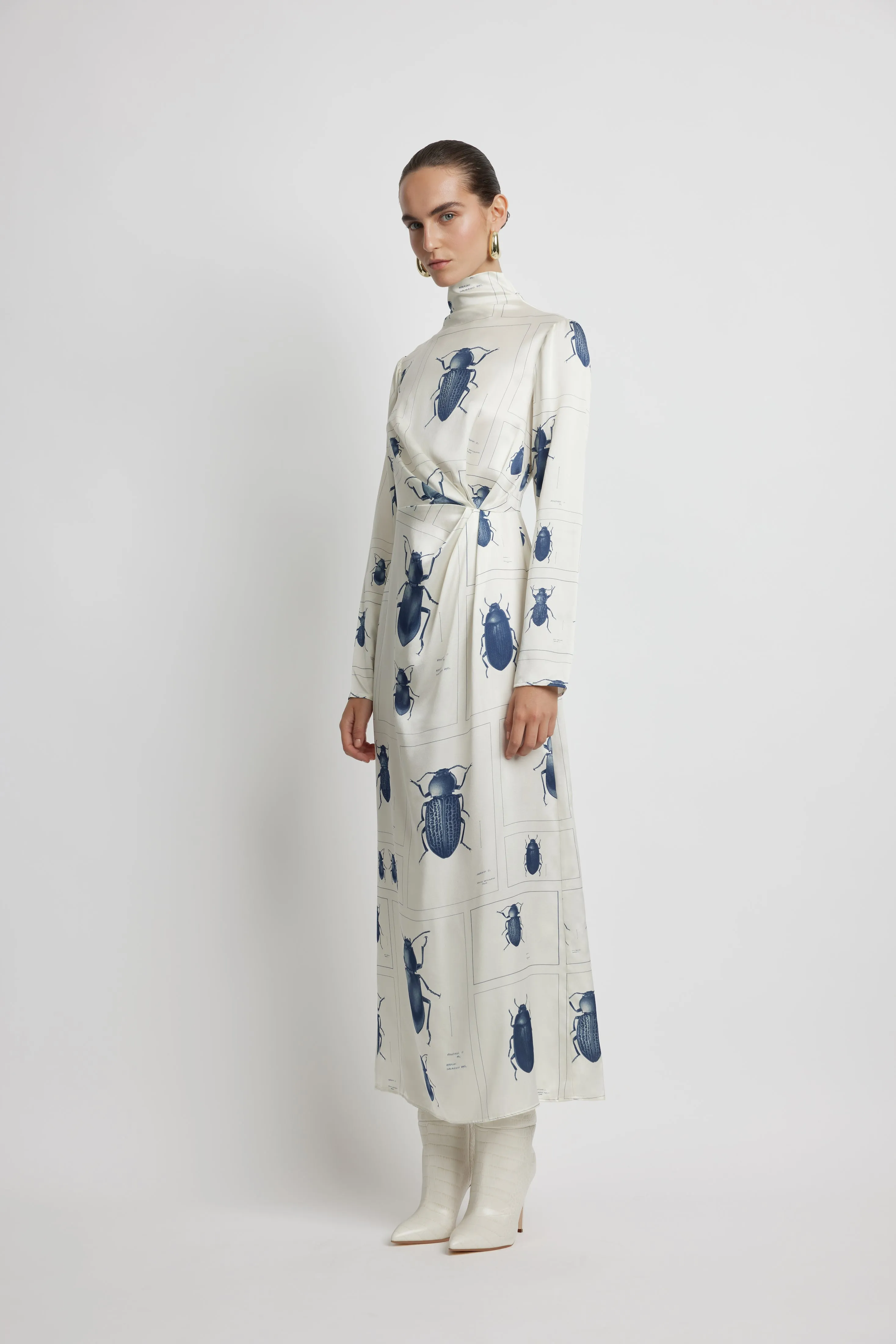 Twist Front Midi Silk Dress - Beetle Print