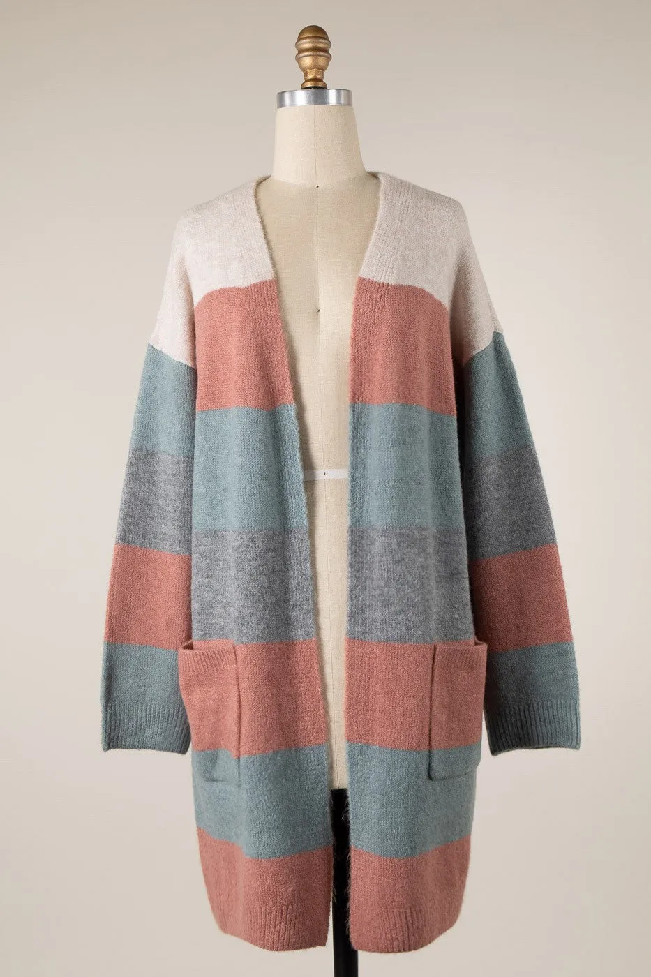 Two Toned Color Block Long Body Knit Cardigan