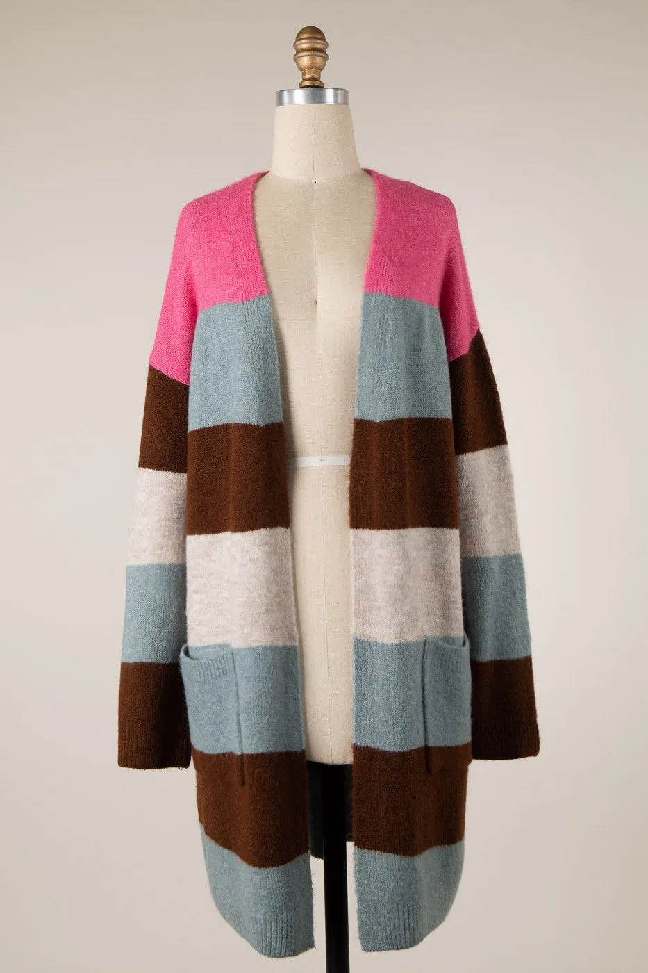 Two Toned Color Block Long Body Knit Cardigan