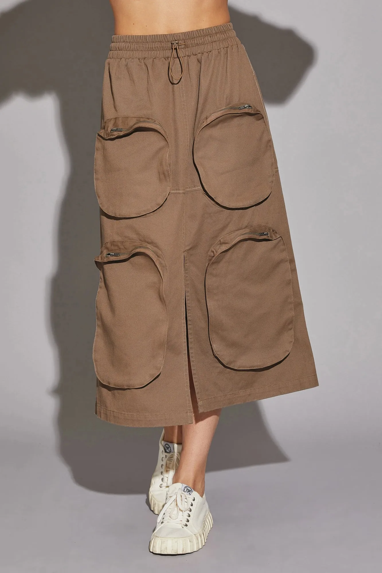 Utility Pockets Front Slit Drawstring Waist Midi Skirt