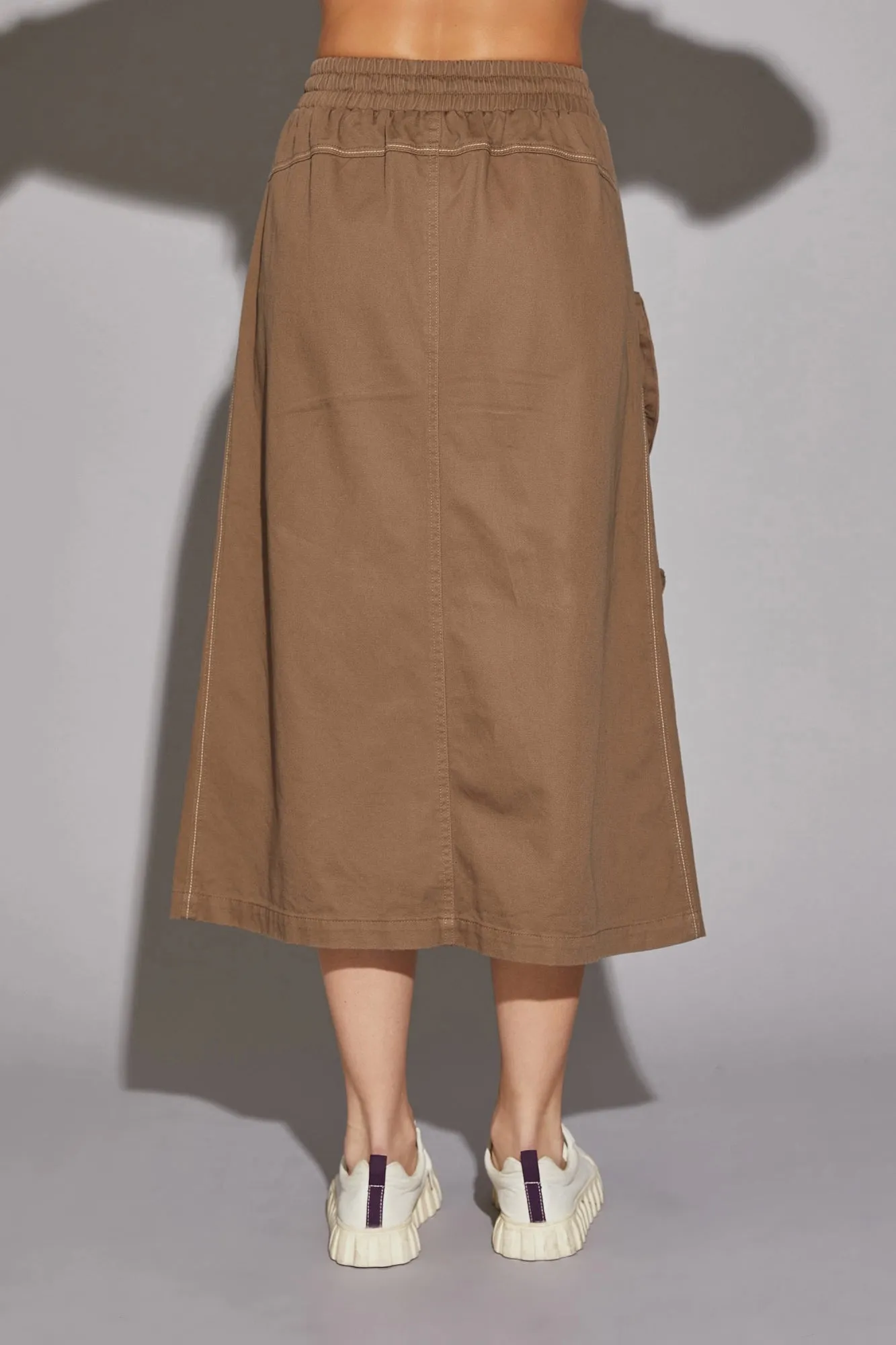 Utility Pockets Front Slit Drawstring Waist Midi Skirt