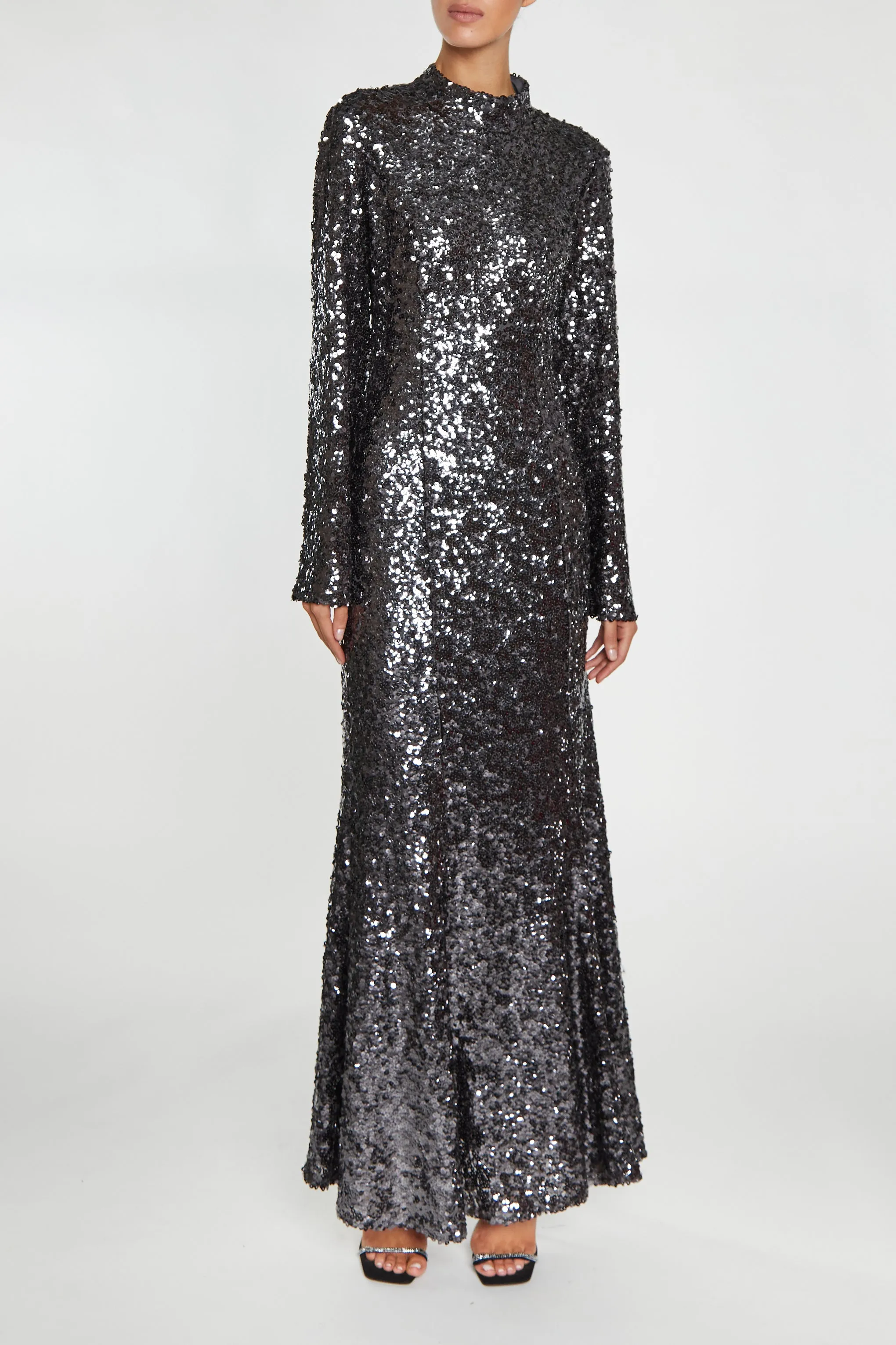 Vanessa Dark Pewter Sequin Open Back Maxi Dress