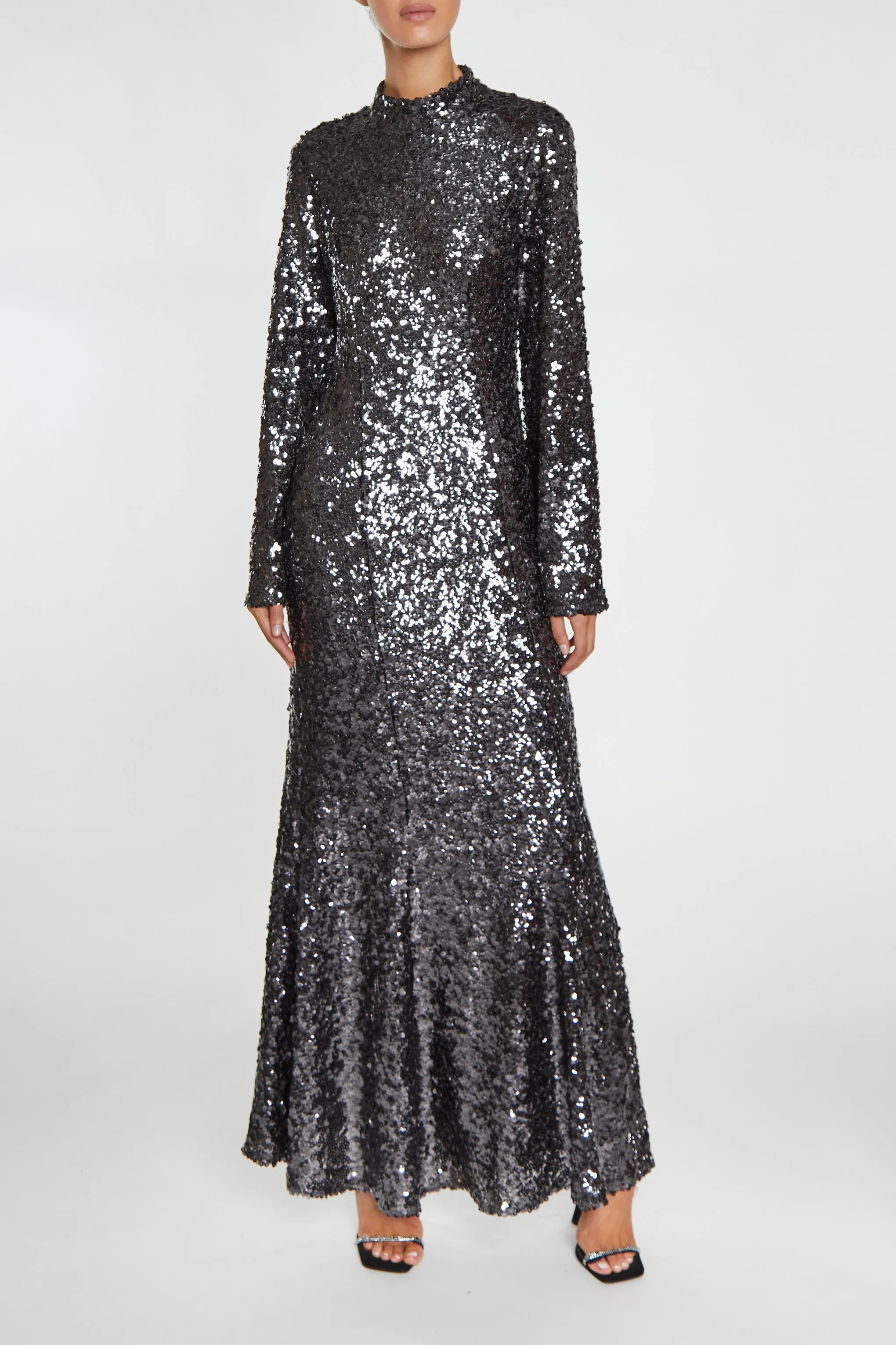 Vanessa Dark Pewter Sequin Open Back Maxi Dress