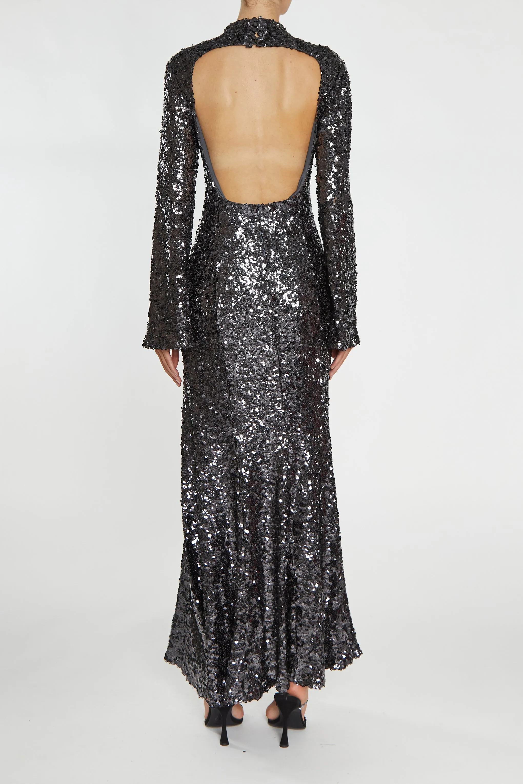 Vanessa Dark Pewter Sequin Open Back Maxi Dress