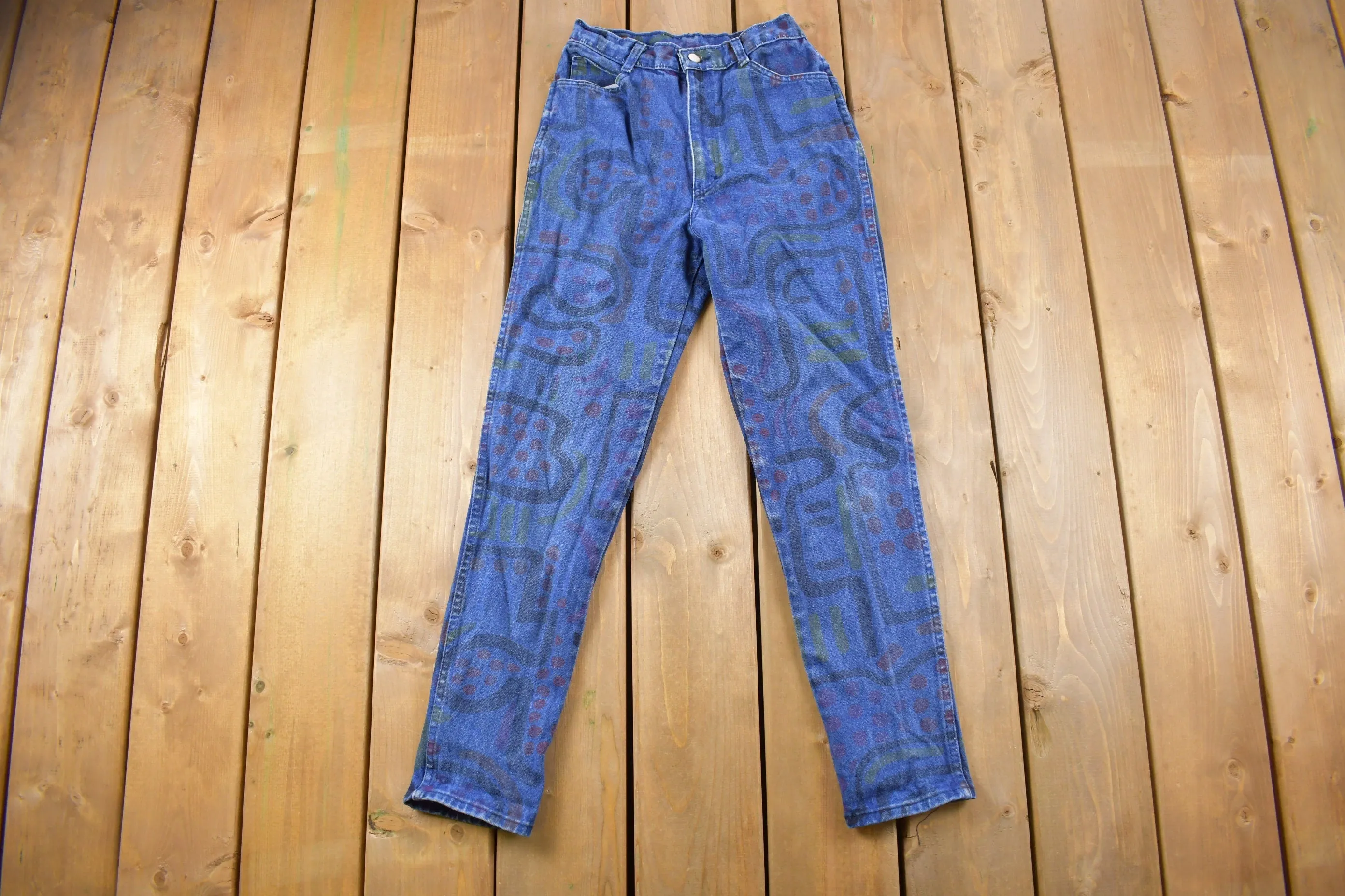 Vintage 1990s Abstract Design Blue Denim Jeans Size 24 x 28