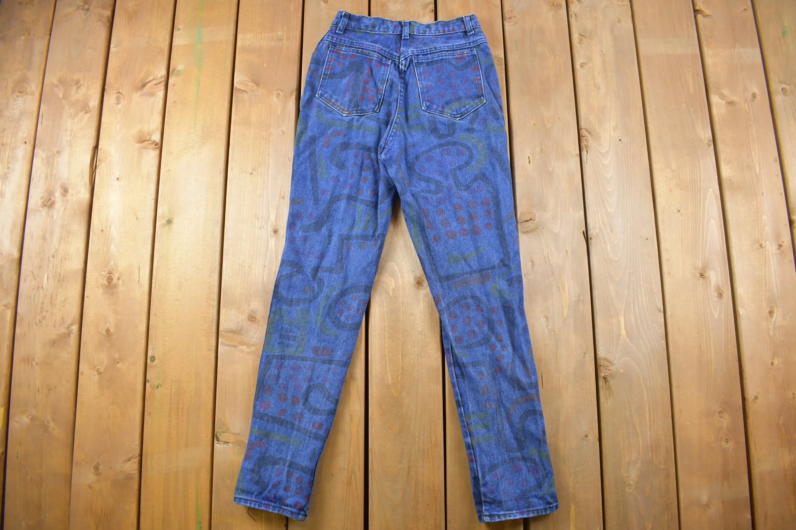 Vintage 1990s Abstract Design Blue Denim Jeans Size 24 x 28