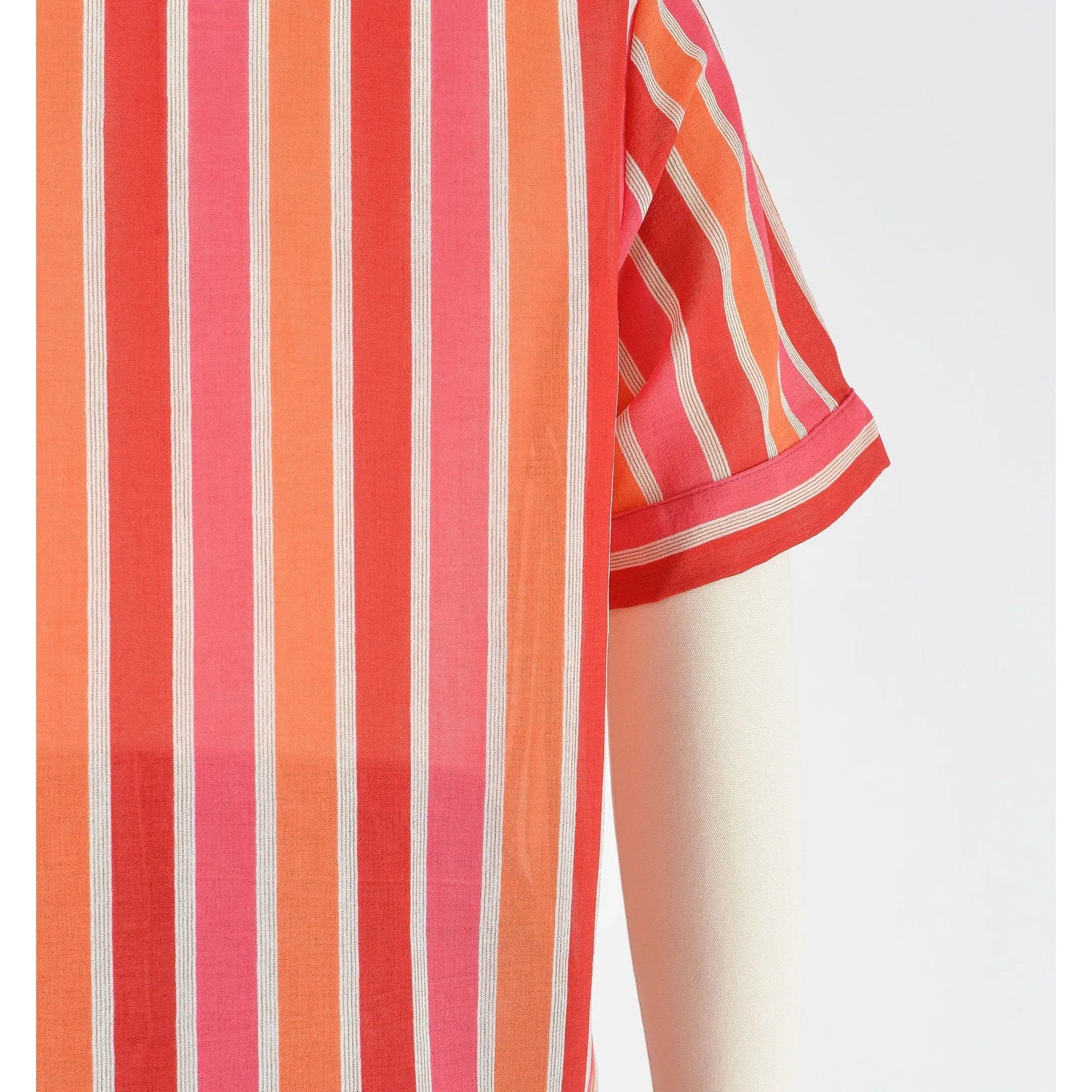 Vintage 70s Sheer Striped Tie Neck Blouse Pink and Orange Short Sleeve Top XS S