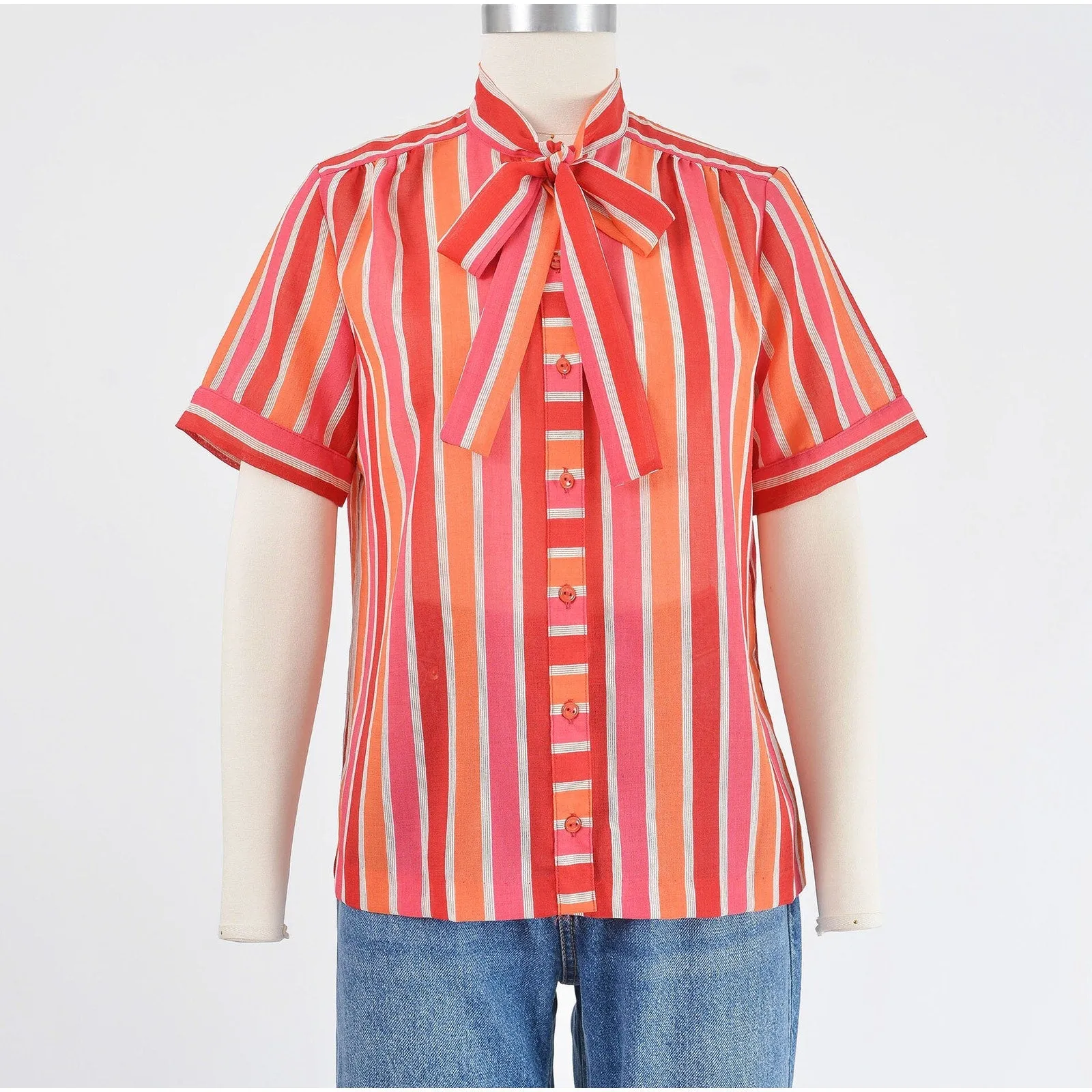 Vintage 70s Sheer Striped Tie Neck Blouse Pink and Orange Short Sleeve Top XS S