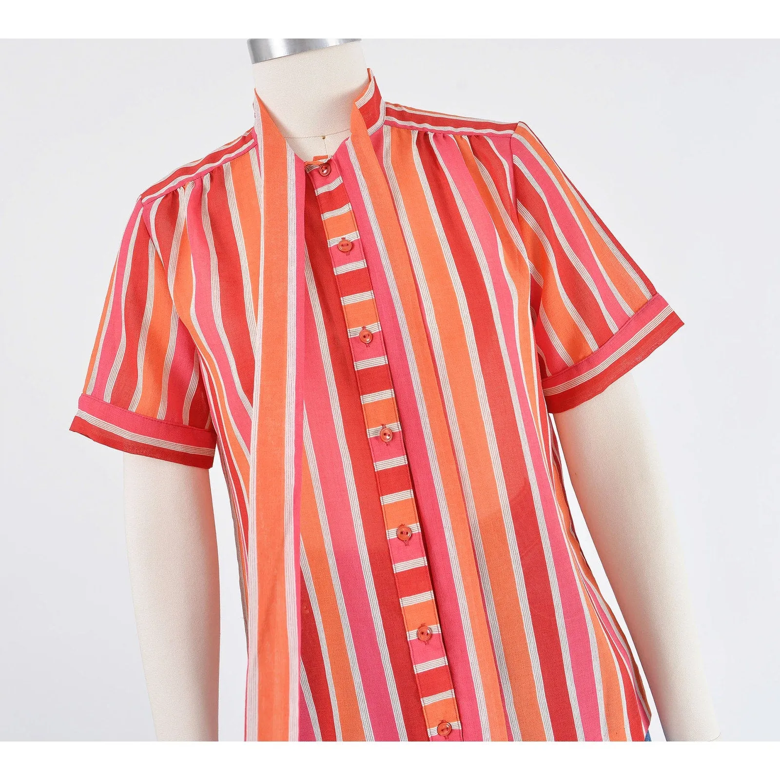 Vintage 70s Sheer Striped Tie Neck Blouse Pink and Orange Short Sleeve Top XS S