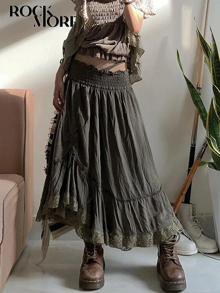 Vintage Art  High Waist Pleated Lace Maxi Long Skirt