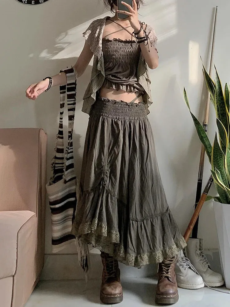 Vintage Art  High Waist Pleated Lace Maxi Long Skirt