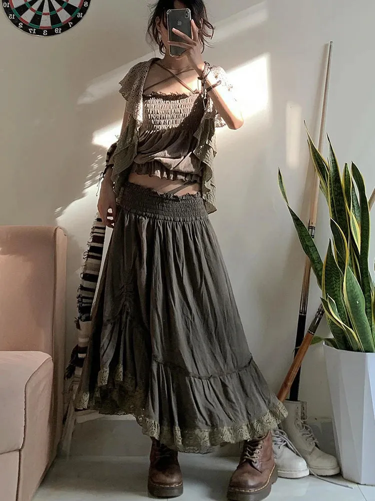 Vintage Art  High Waist Pleated Lace Maxi Long Skirt