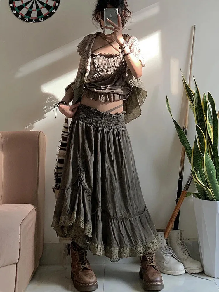 Vintage Art  High Waist Pleated Lace Maxi Long Skirt