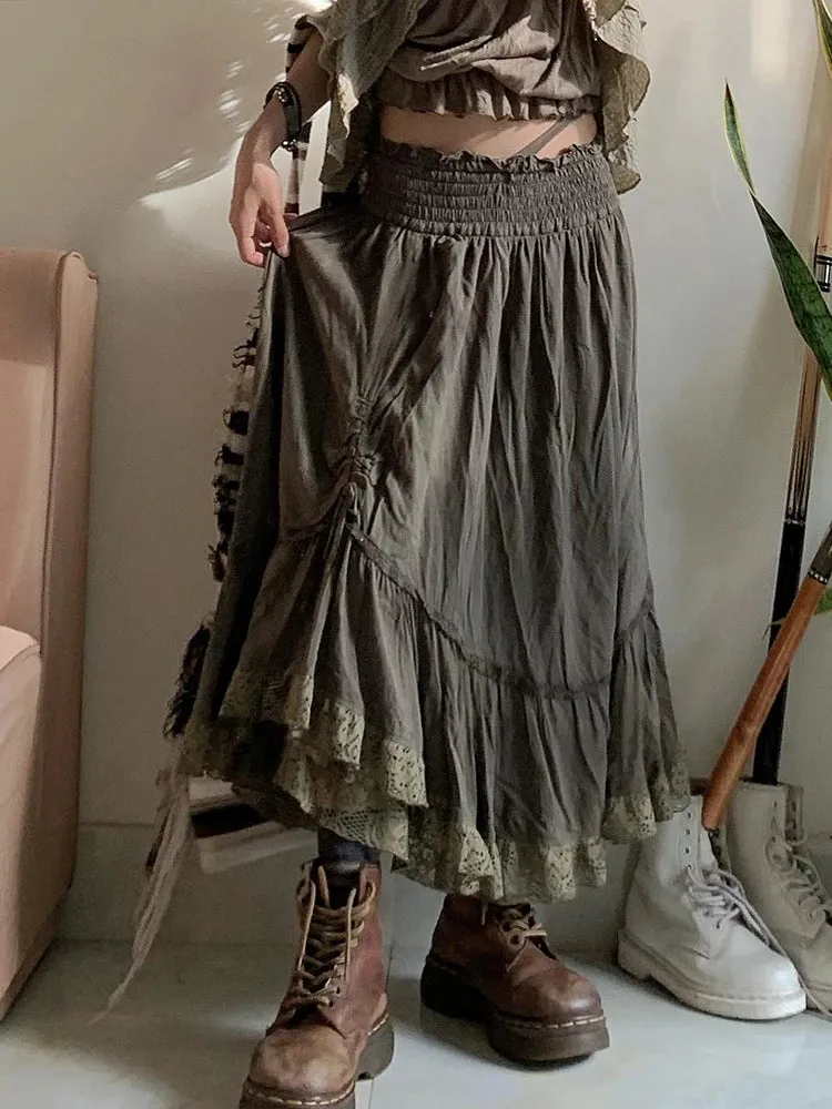 Vintage Art  High Waist Pleated Lace Maxi Long Skirt