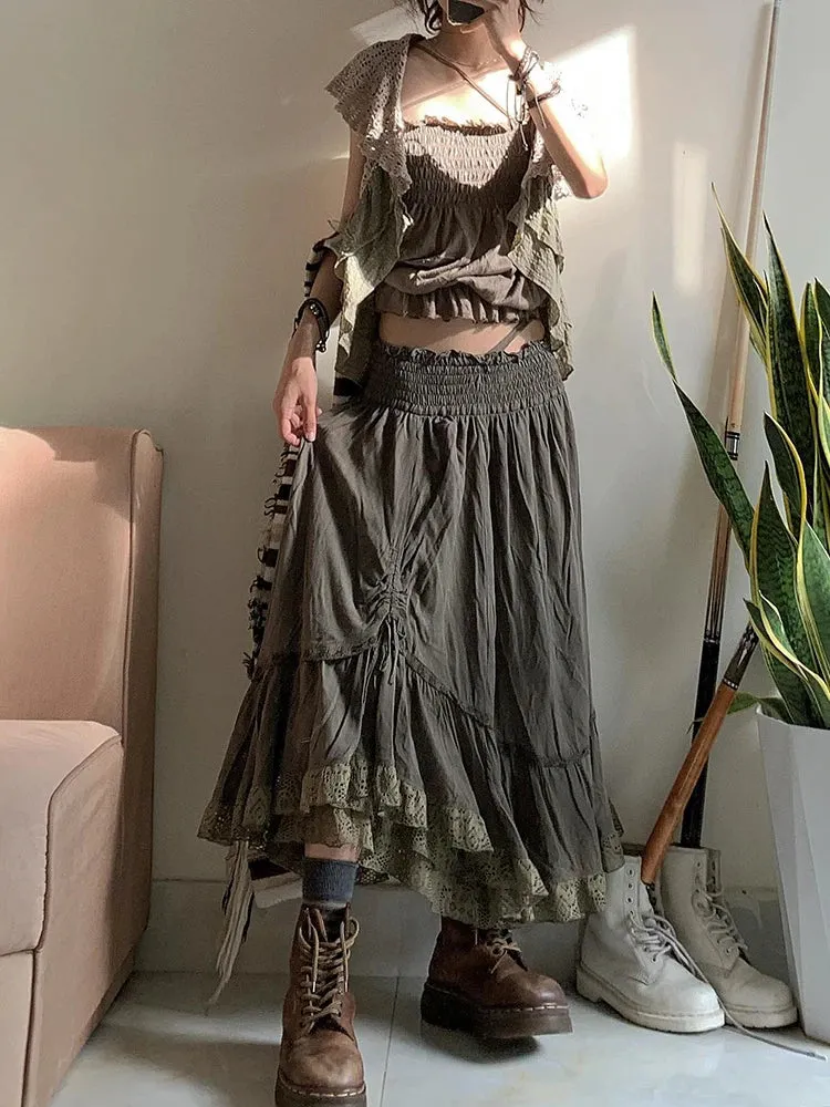 Vintage Art  High Waist Pleated Lace Maxi Long Skirt