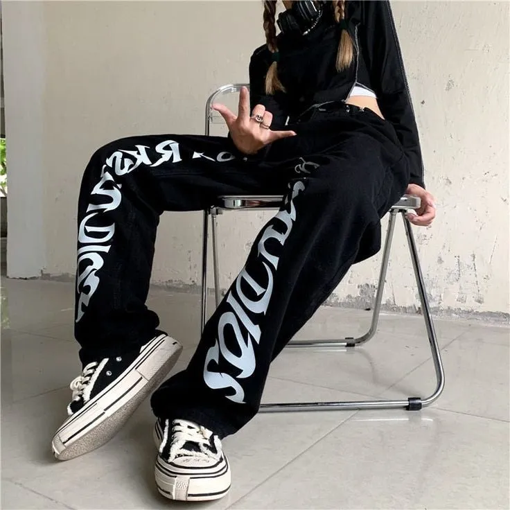 Vintage Women Y2K Fashion Darkstudio Print High Waist Baggy Straight Leg Black Denim Jeans | Drip Jeans Fashion