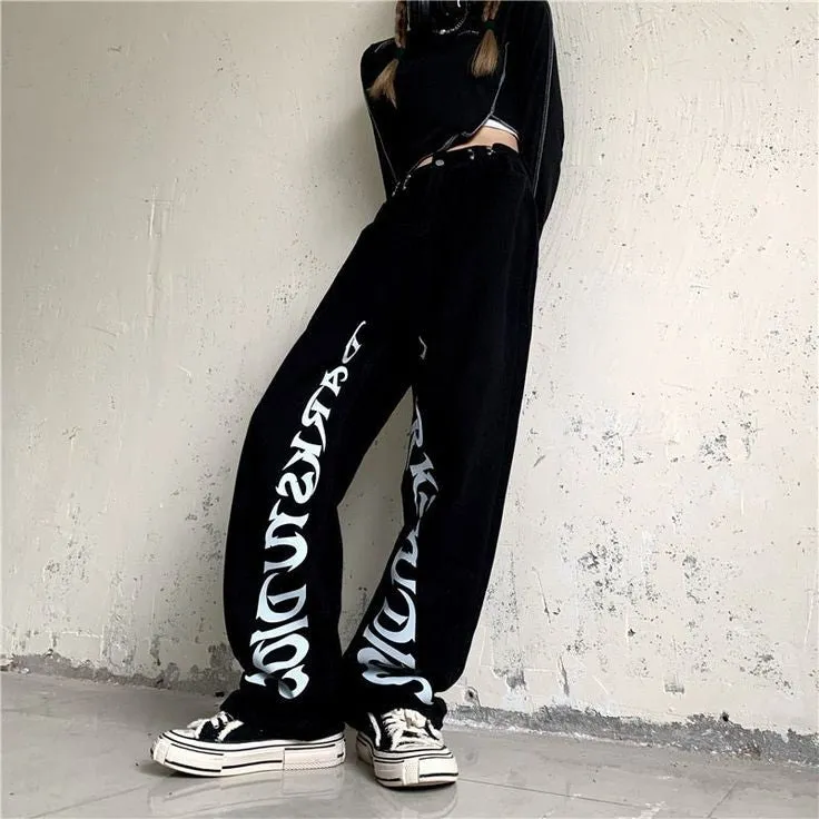 Vintage Women Y2K Fashion Darkstudio Print High Waist Baggy Straight Leg Black Denim Jeans | Drip Jeans Fashion