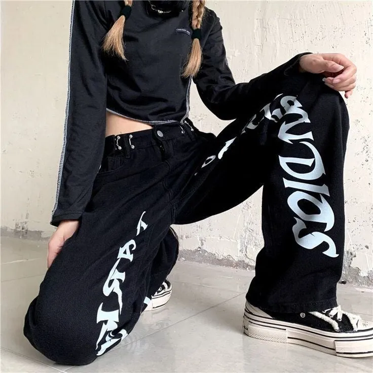 Vintage Women Y2K Fashion Darkstudio Print High Waist Baggy Straight Leg Black Denim Jeans | Drip Jeans Fashion