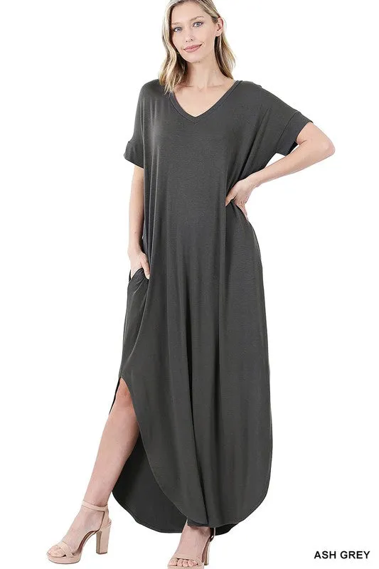 Viscose Fabric V-Neck Short Sleeve Maxi Dress