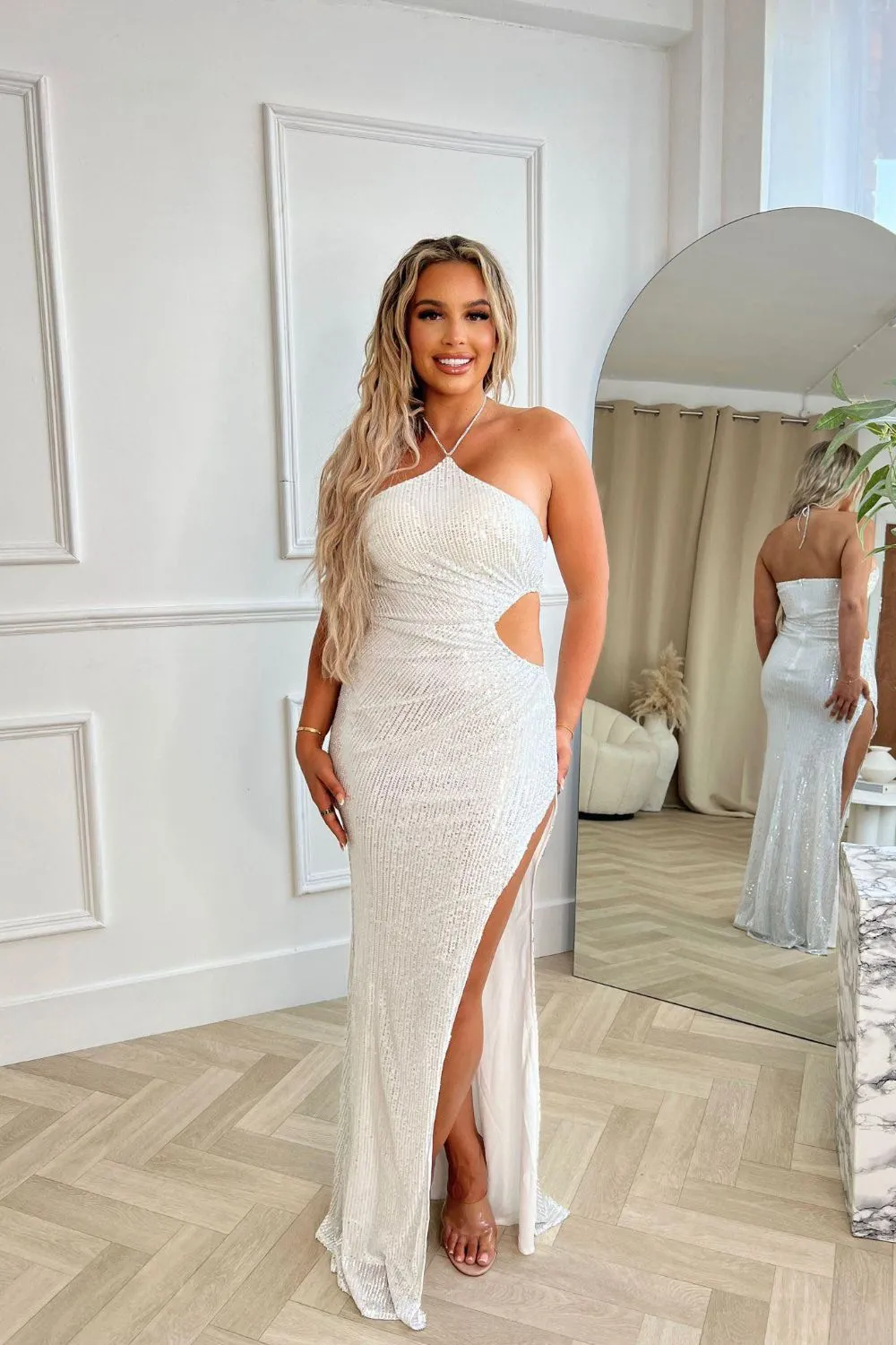 Vision Silver Luxe Sequin Rhinestone Jewelled Halter Neck Thigh Slit Maxi Dress