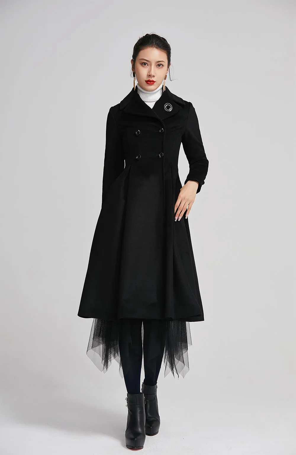 winter black women coat with double breasted and pockets 2258