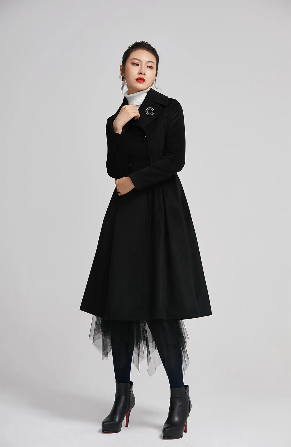 winter black women coat with double breasted and pockets 2258