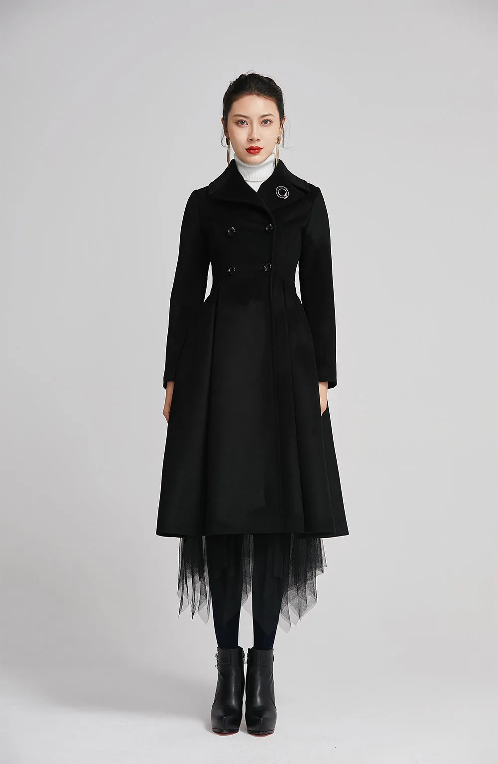 winter black women coat with double breasted and pockets 2258