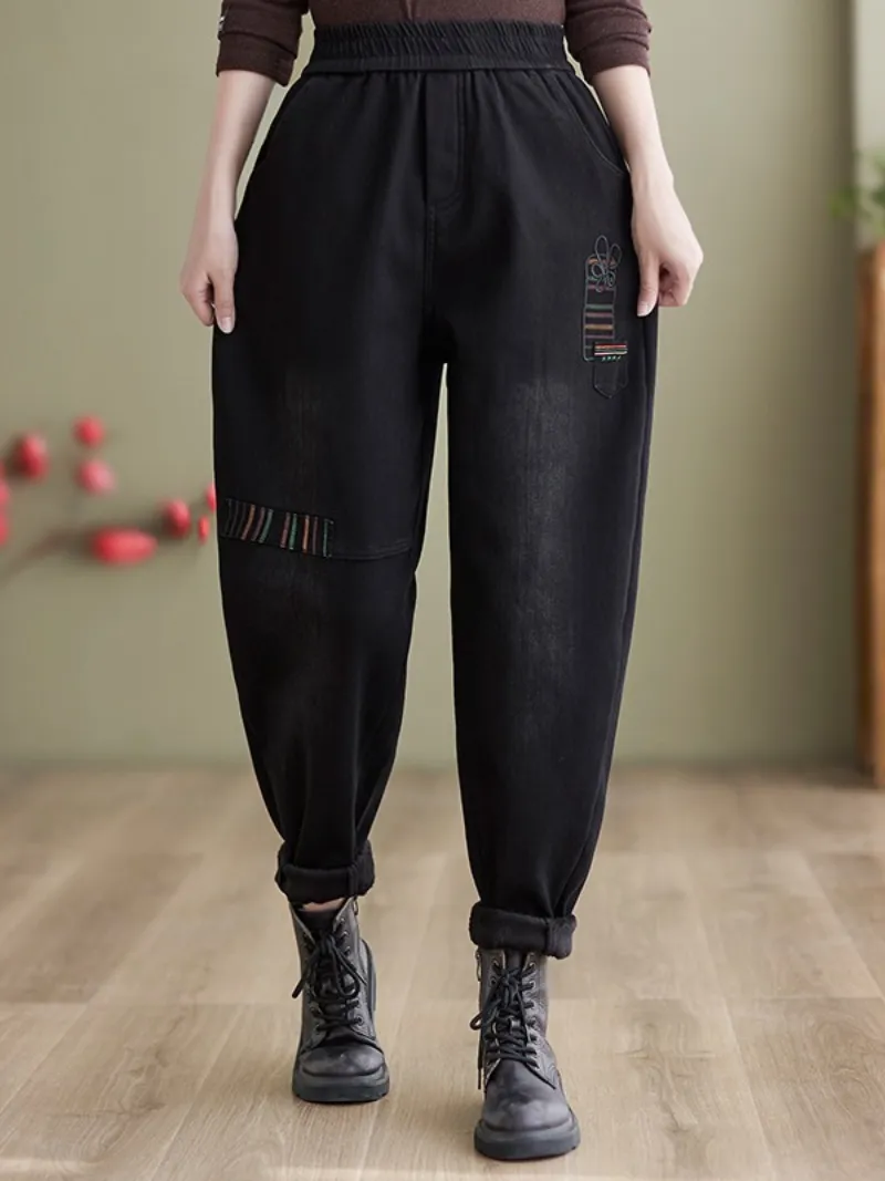 Winter Embroidery Fleece Thickened Loose Jeans Harem Pants