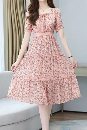 Women Beautiful Floral Pattern Square Neck Short Sleeve Knee Length Chiffon Casual Dress - WDC14565