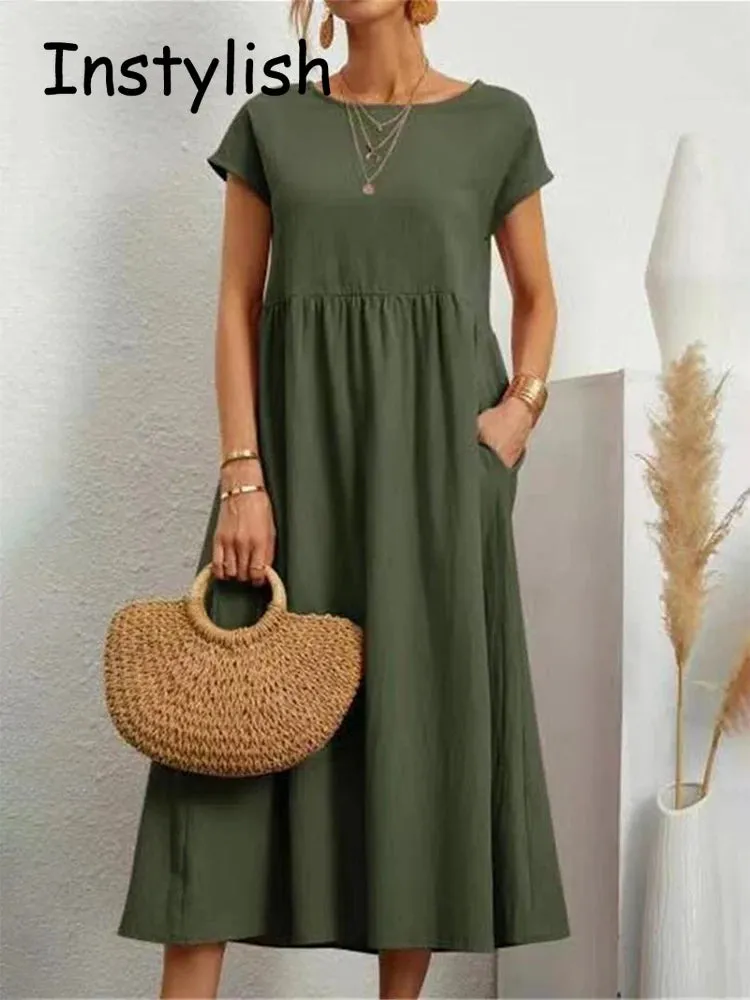 Women Elegant Solid Maxi Dress Summer Short Sleeve O Neck Vintage Harajuku Cotton Linen Loose Sundress Y2K Pockets Long Dress