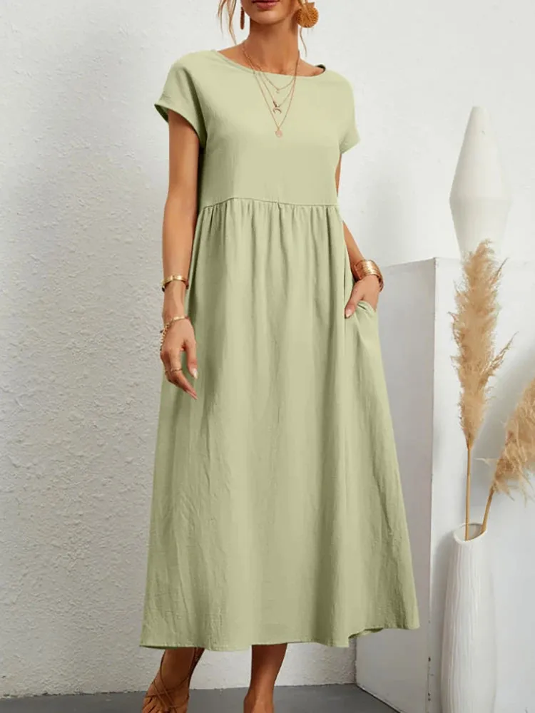 Women Elegant Solid Maxi Dress Summer Short Sleeve O Neck Vintage Harajuku Cotton Linen Loose Sundress Y2K Pockets Long Dress