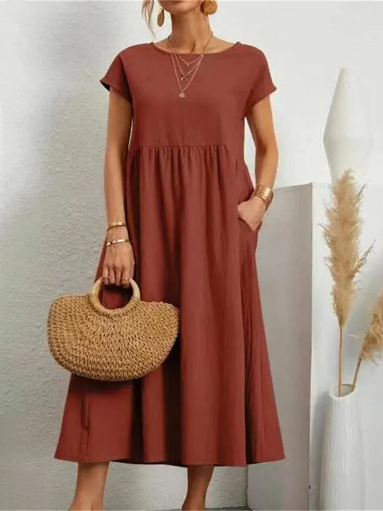 Women Elegant Solid Maxi Dress Summer Short Sleeve O Neck Vintage Harajuku Cotton Linen Loose Sundress Y2K Pockets Long Dress