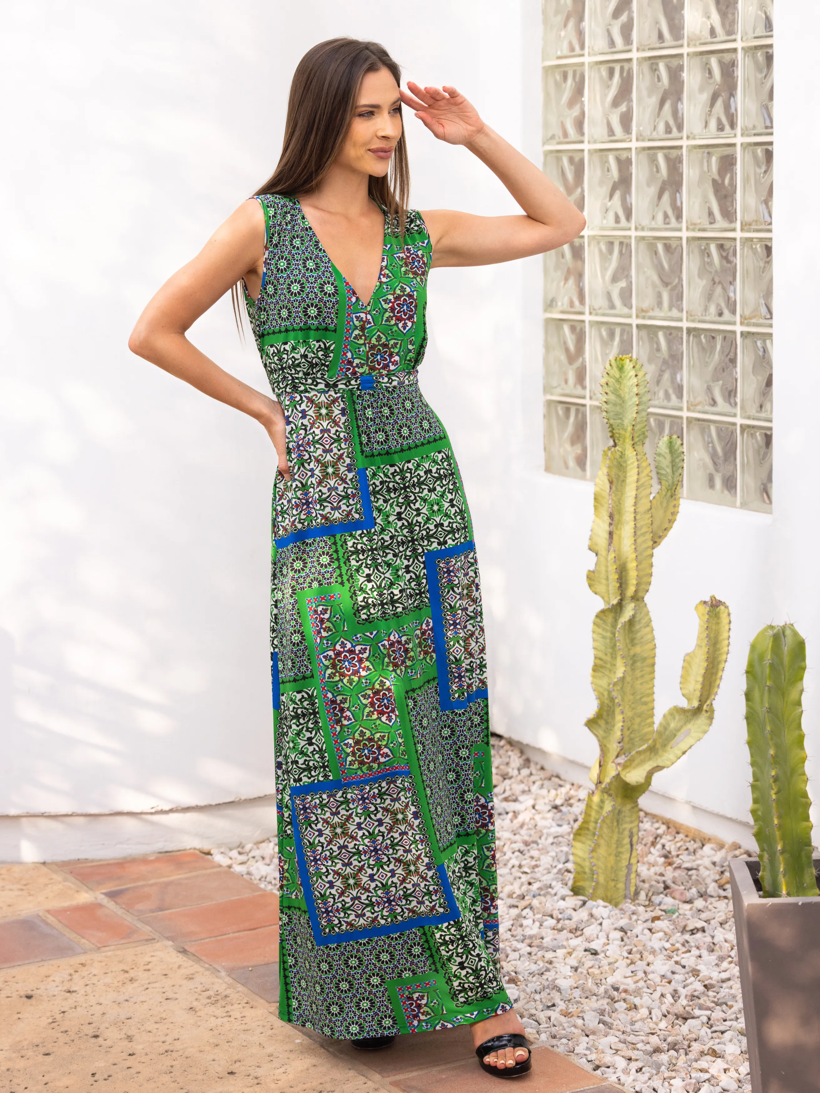 Womens Green Scarf Print V Neck Empire Waist Sleeveless Maxi Dress