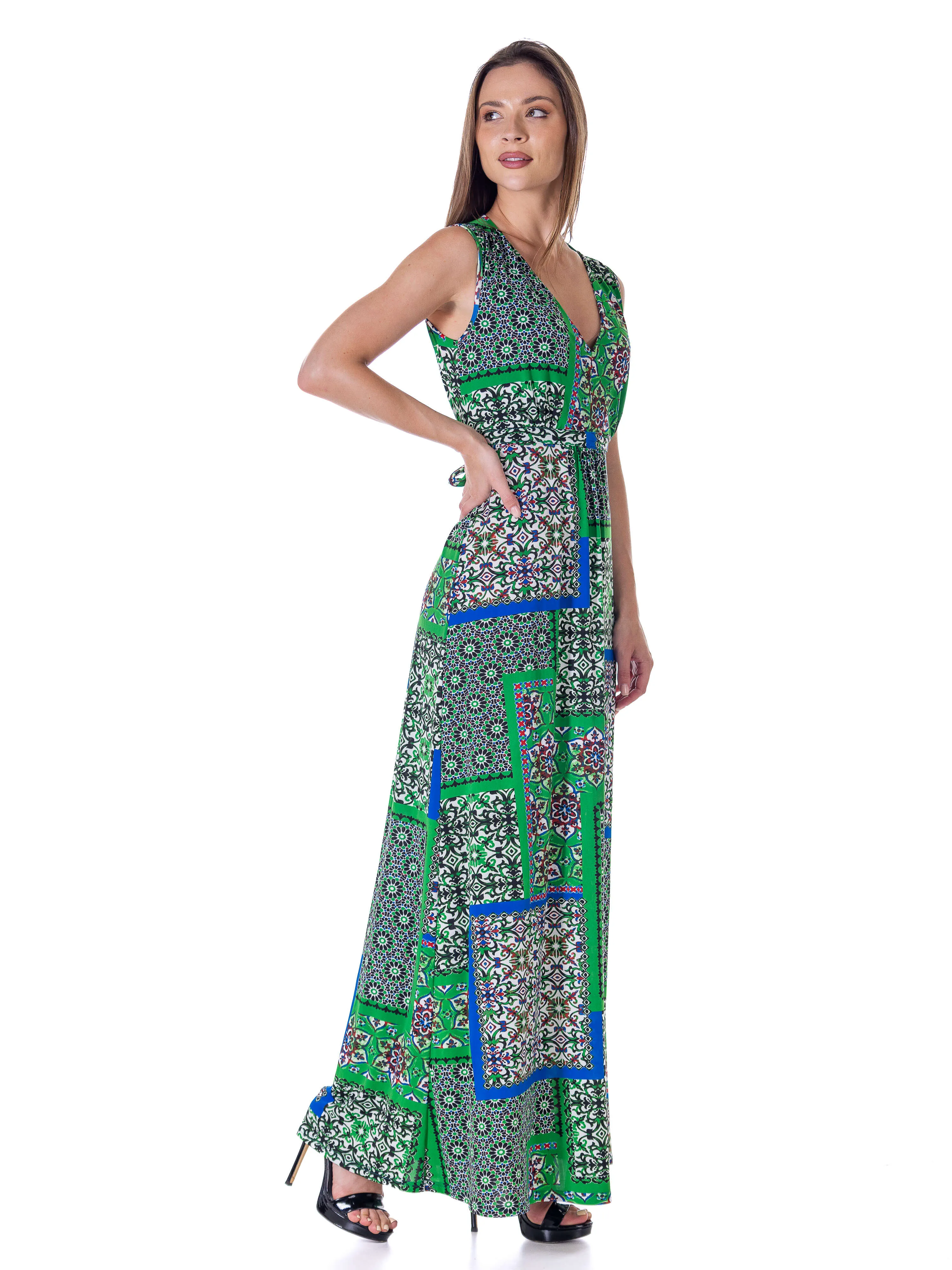 Womens Green Scarf Print V Neck Empire Waist Sleeveless Maxi Dress