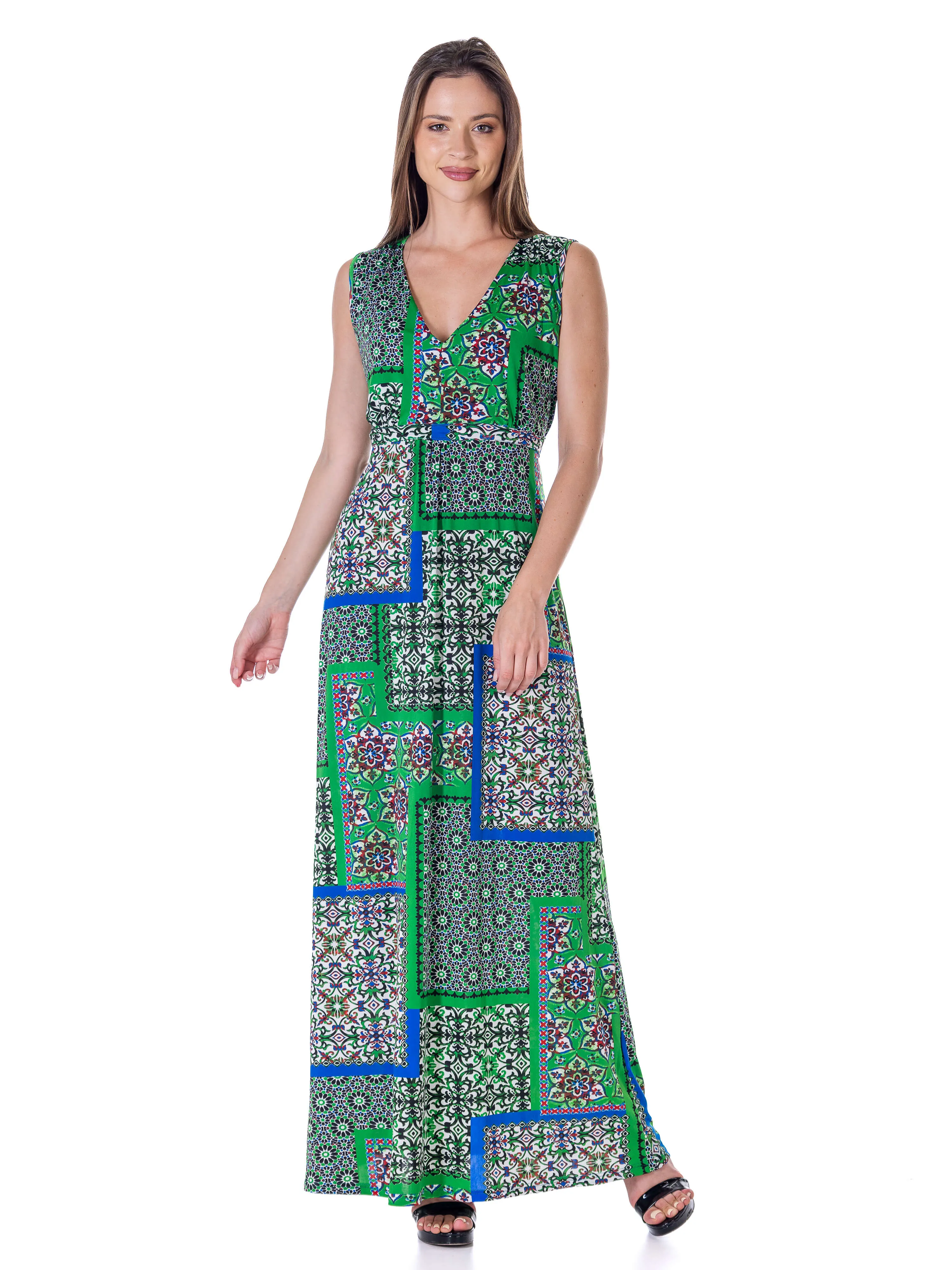 Womens Green Scarf Print V Neck Empire Waist Sleeveless Maxi Dress