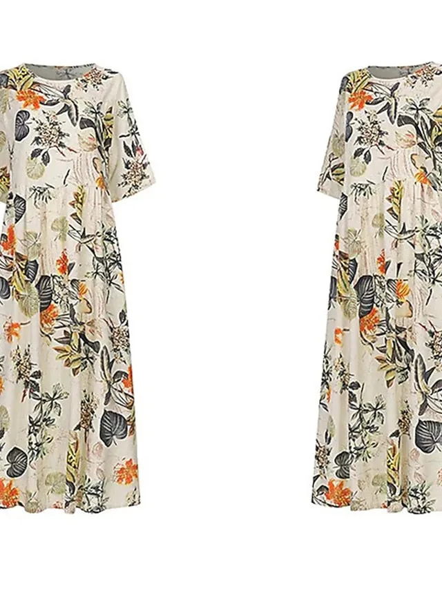 Women's Shift Dress Maxi long Dress Red Navy Blue Yellow Half Sleeve Floral Print Spring Summer Round Neck Casual Vacation Loose 2023 M L XL XXL 3XL 4XL 5XL